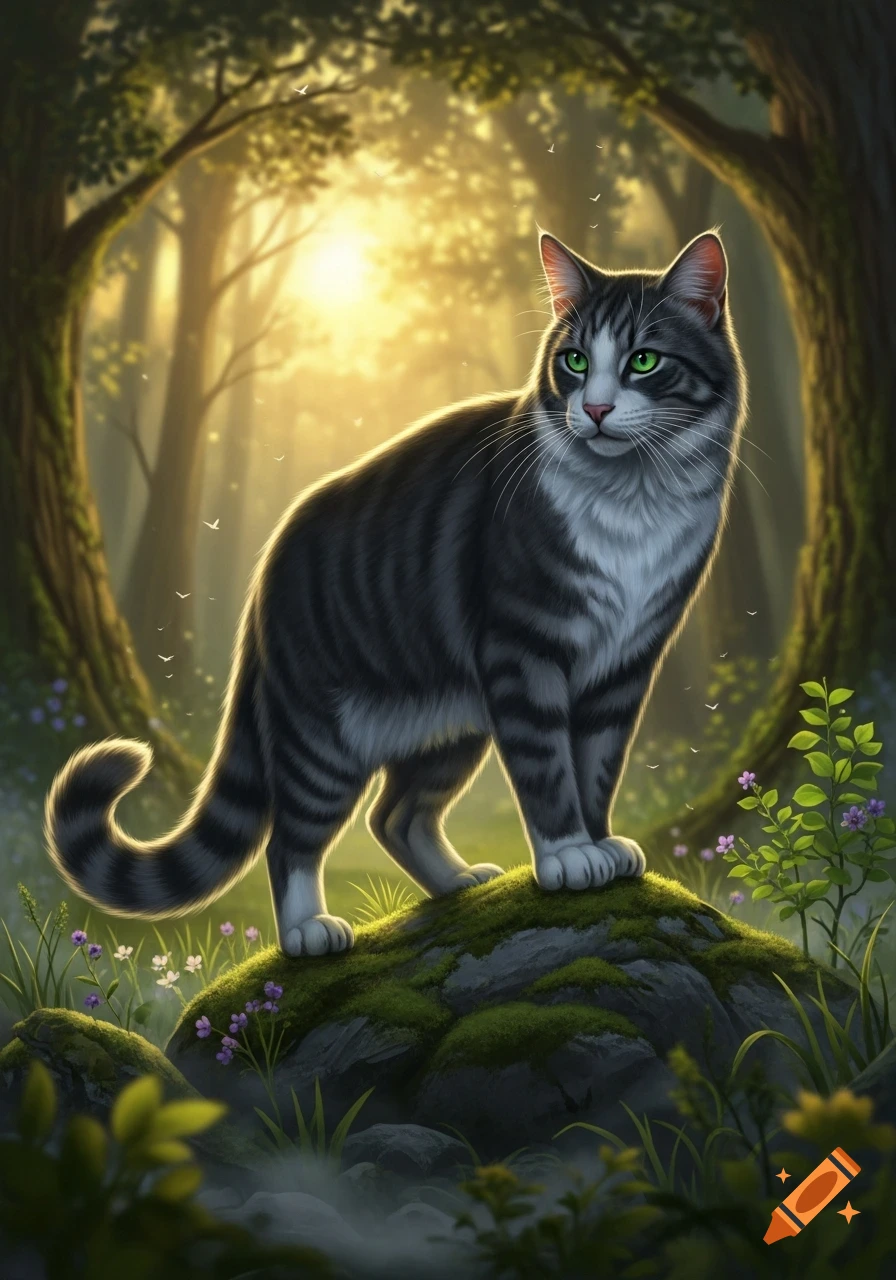 A striped tabby cat with green eyes stands on a mossy rock in a sun ...
