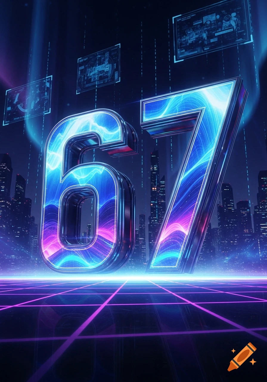 Large, glowing blue and purple numbers '67' in a futuristic cityscape with a neon grid ground, in a retrowave style.