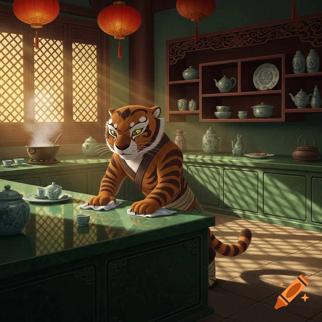 Tigress from Kung Fu Panda cleaning a traditional kitchen with steaming pots and Chinese lanterns, animated style.