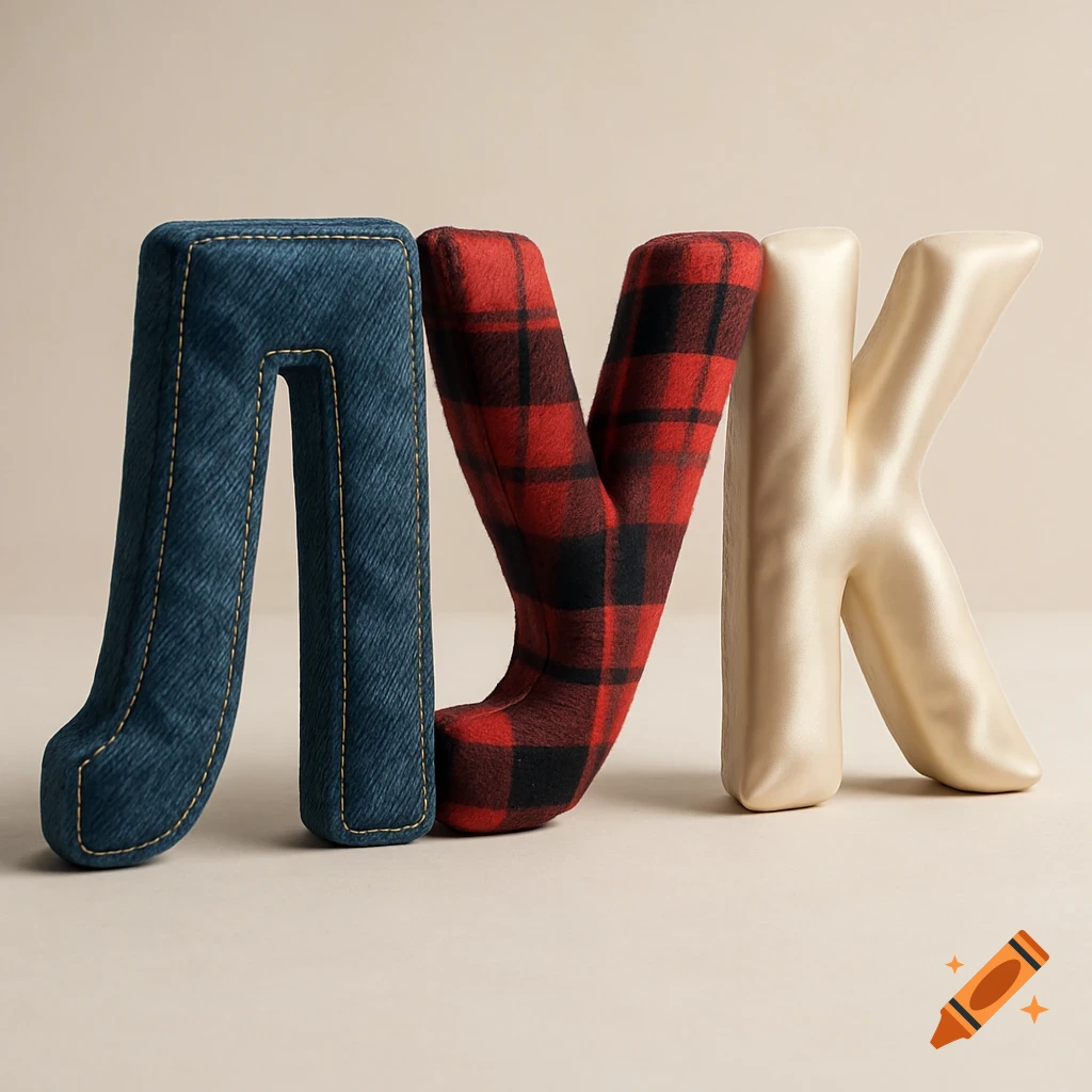 Three-dimensional letters Л, У, К, made of denim, red plaid, and silk fabric textures.