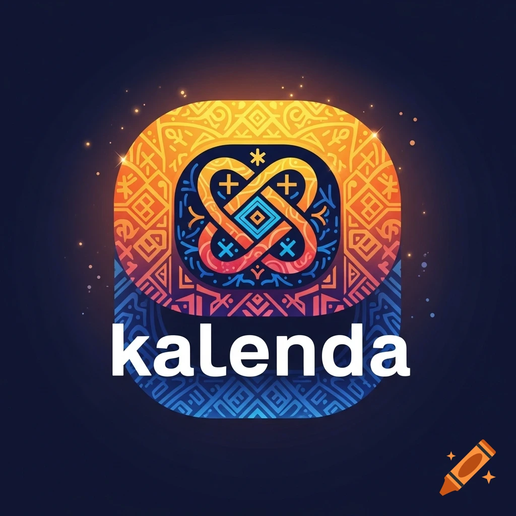 Colorful app icon or logo featuring intricate tribal patterns in orange, red, and blue, with the word "kalenda" in white below it.