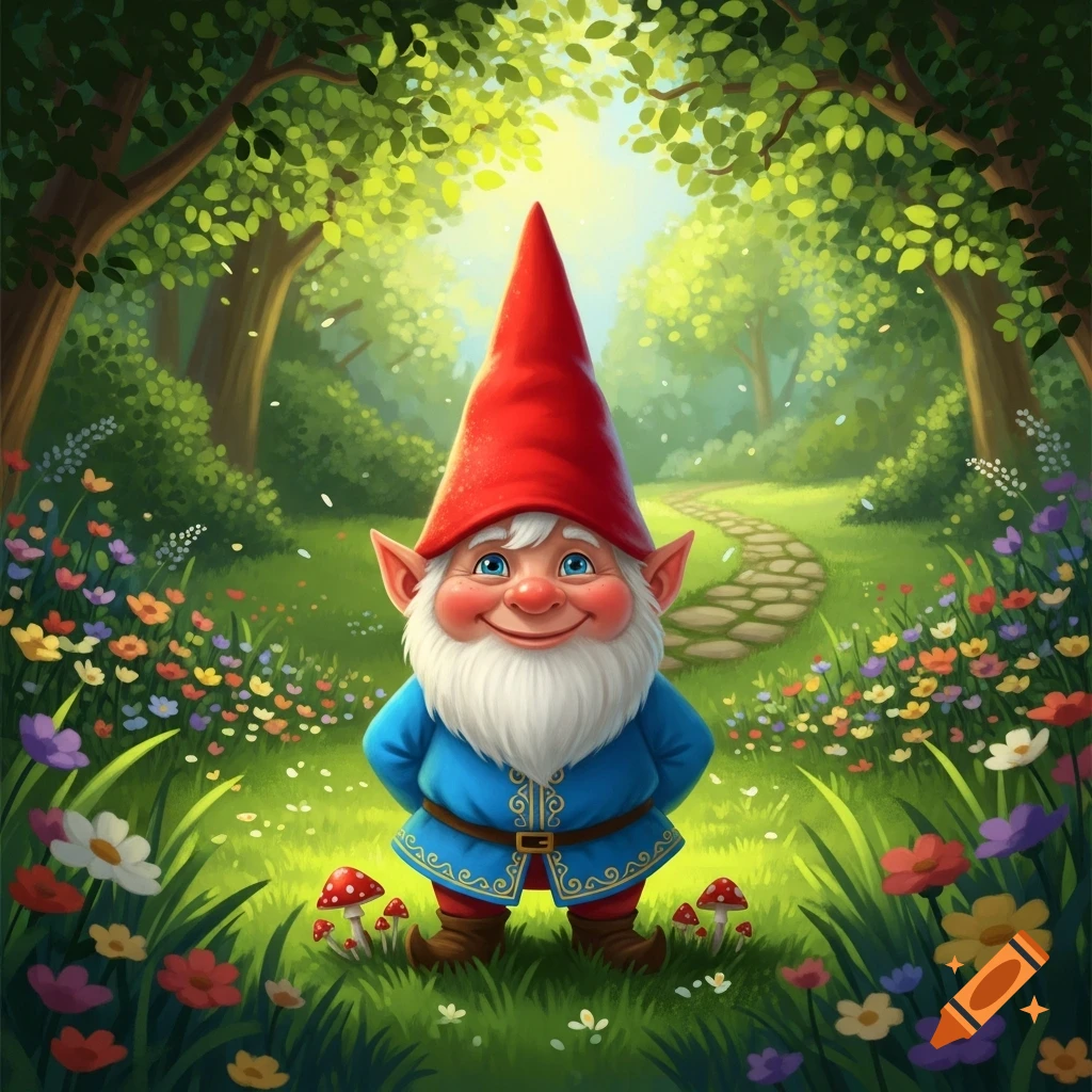 A friendly, smiling gnome with a red pointy hat and blue tunic stands in a vibrant, lush forest surrounded by colorful wildflowers and mushrooms.