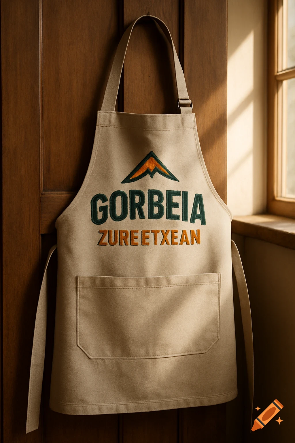 A beige cooking apron with a green and orange 'GORBEIA ZURE ETXEAN' logo hangs on a wooden door, illuminated by sunlight from a window.