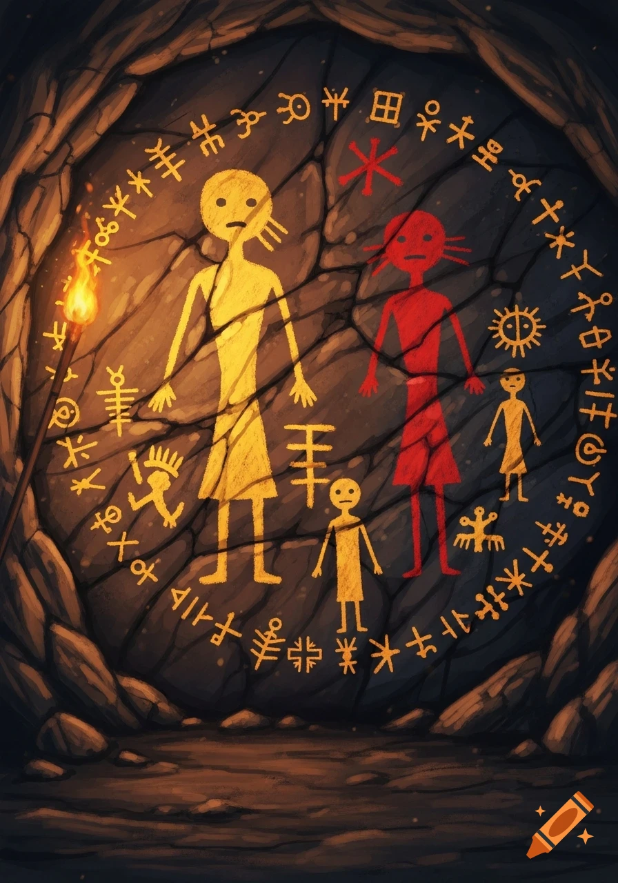 Cave wall with yellow and red stick figures, possibly Amogus characters, surrounded by ancient symbols and illuminated by a torch.