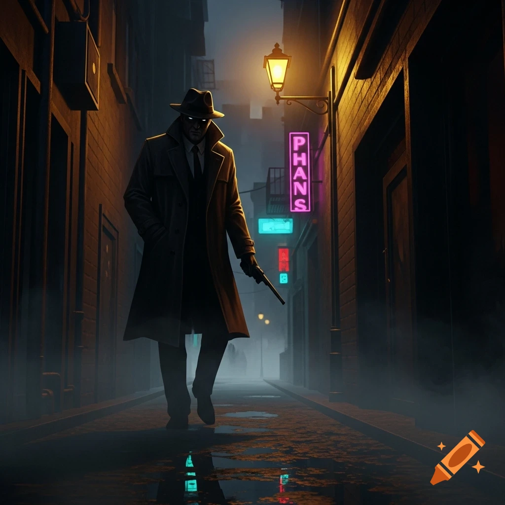 A man in a trench coat and fedora with glowing white eyes walks down a dark, foggy alley, holding a pistol. Neon signs illuminate the wet ground.
