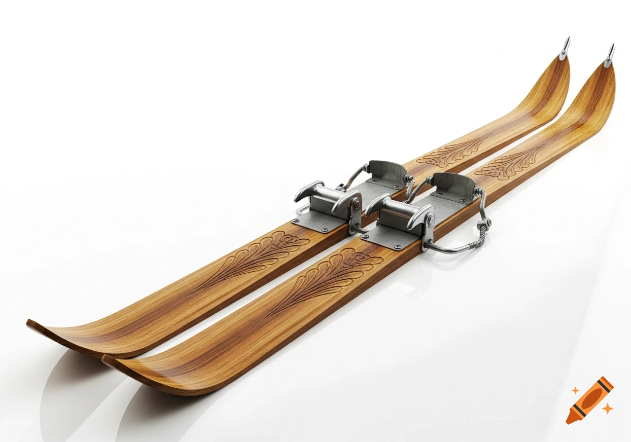 A pair of vintage wooden skis with ornate carvings and metal bindings resting on a white background.