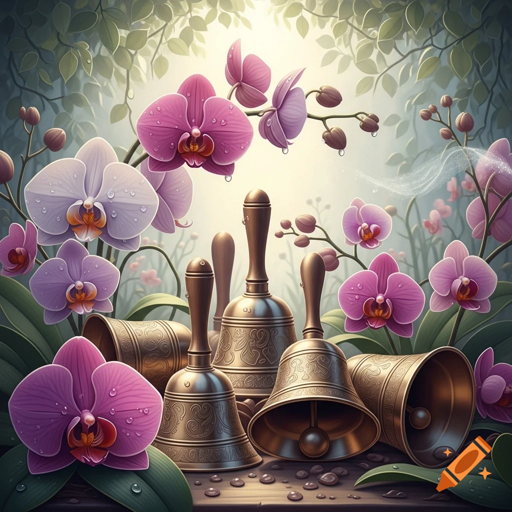 Vibrant purple and white orchids with dew drops next to ornate brass handbells in a lush, luminous garden setting.