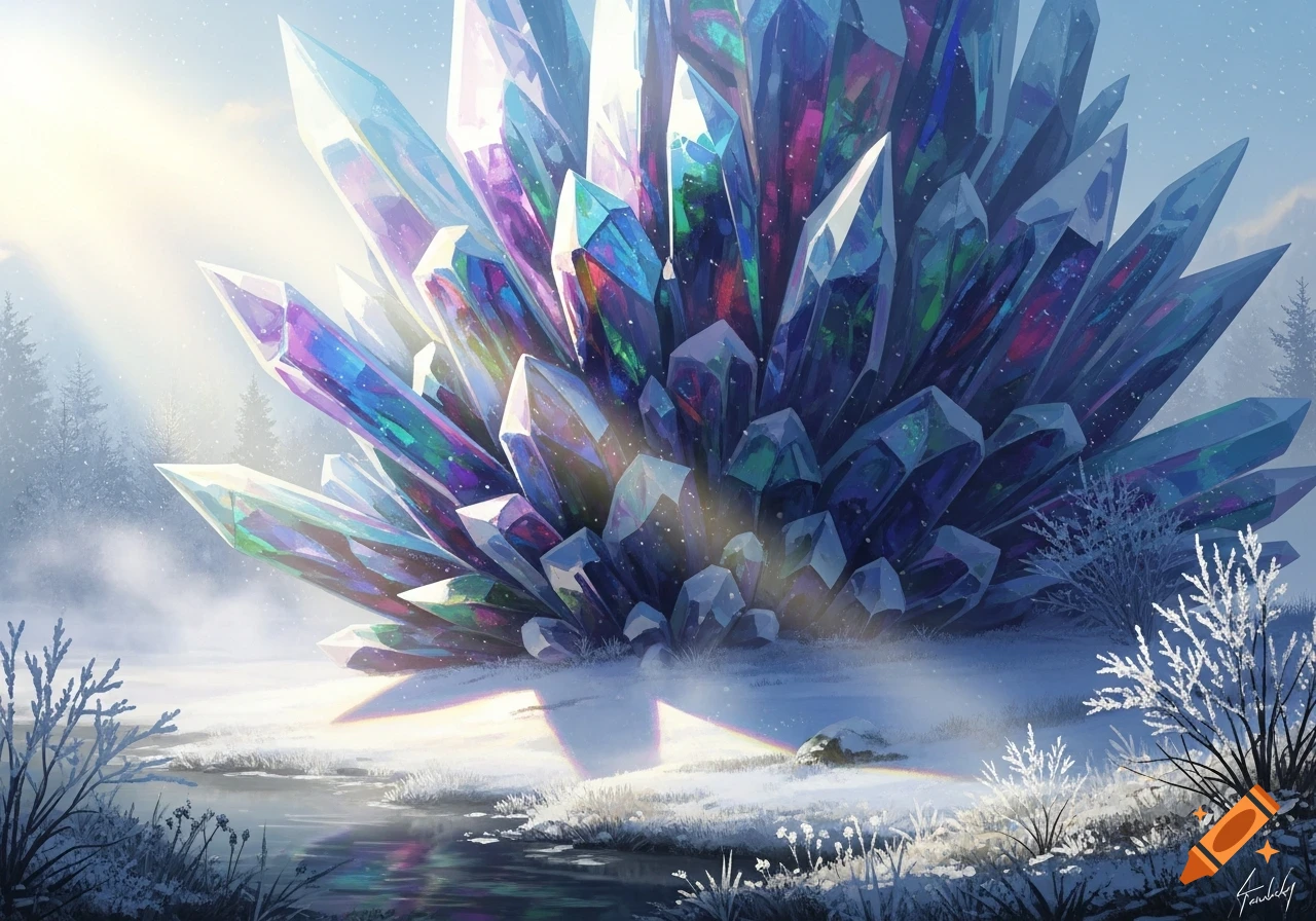 Massive colorful crystals glow in a frosty, snowy winter landscape beside a partially frozen stream.