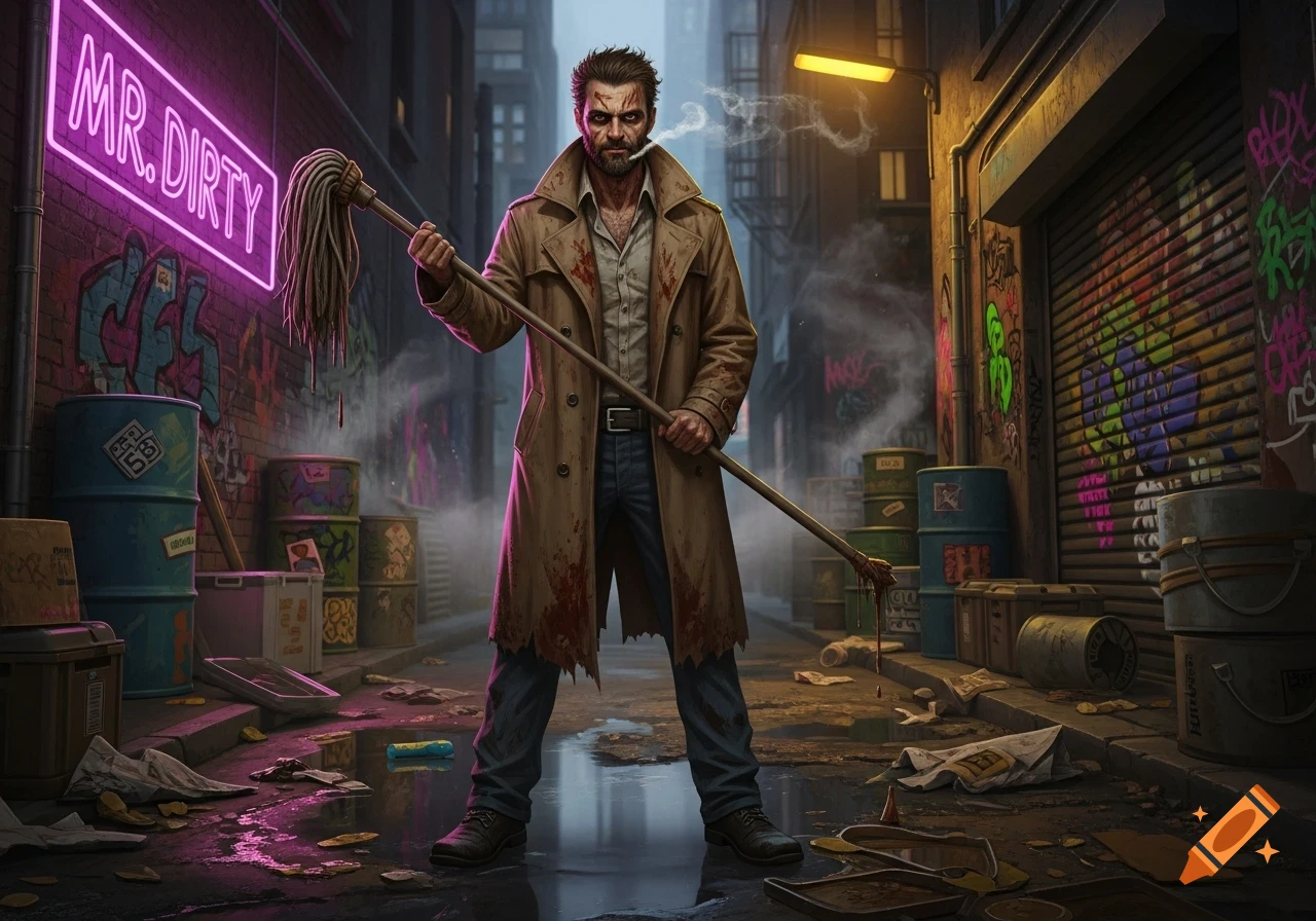 Gritty unshaven man in blood-stained trench coat holds dirty mop in a neon-lit, trash-filled urban alley with a 'MR. DIRTY' sign.