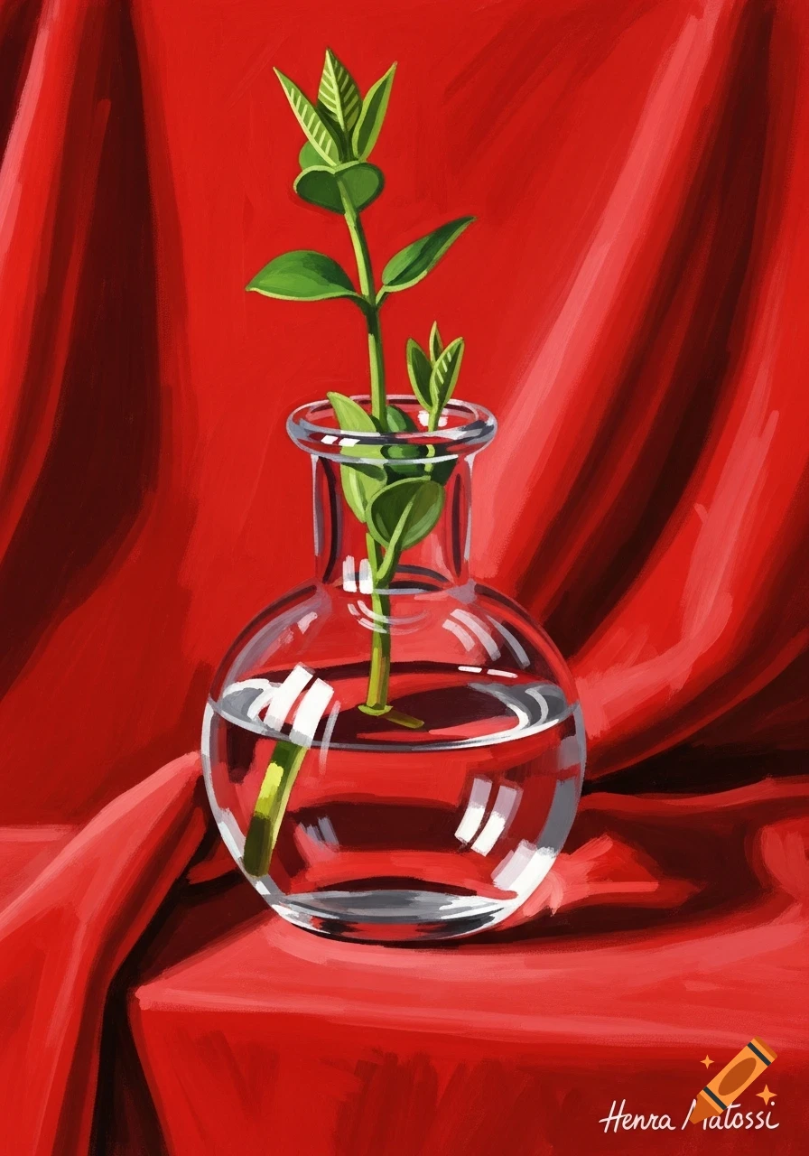 A green plant in a clear glass vase on a draped red cloth, painted in the style of Matisse.