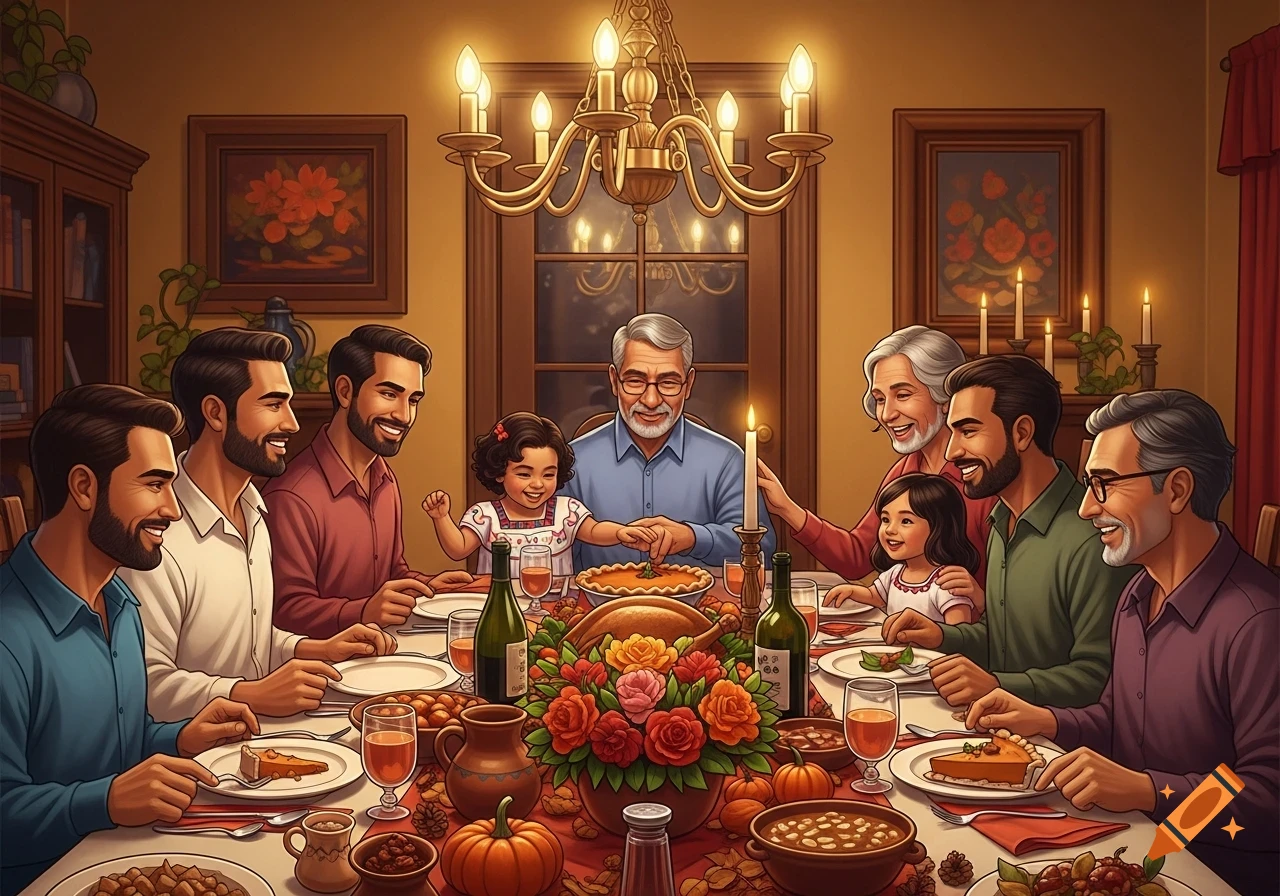 A large Latino family gathers around a candlelit dinner table, smiling and celebrating Thanksgiving with a turkey and pie.