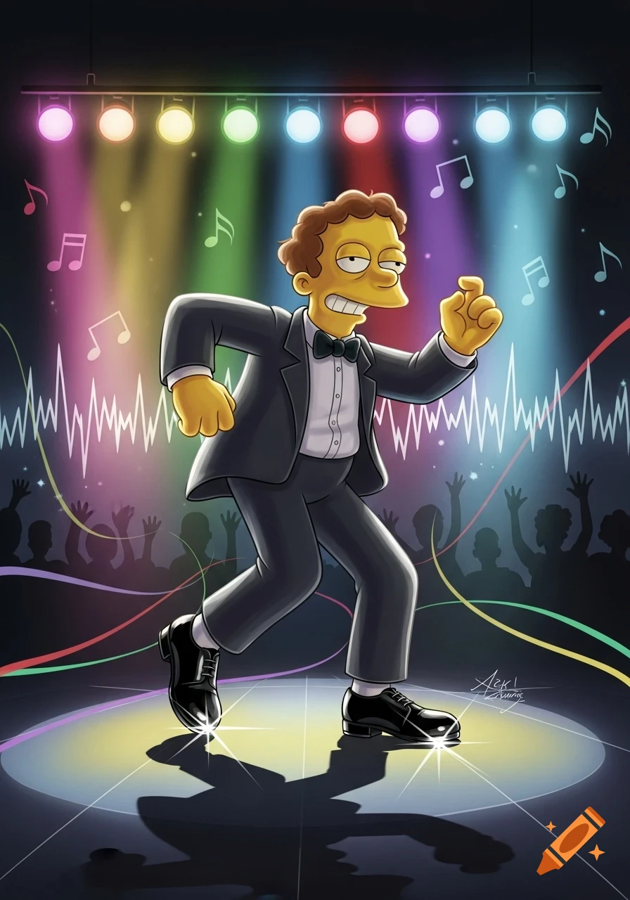 Nelson from The Simpsons, wearing a tuxedo, dances energetically on a stage under colorful spotlights, with music notes floating around.