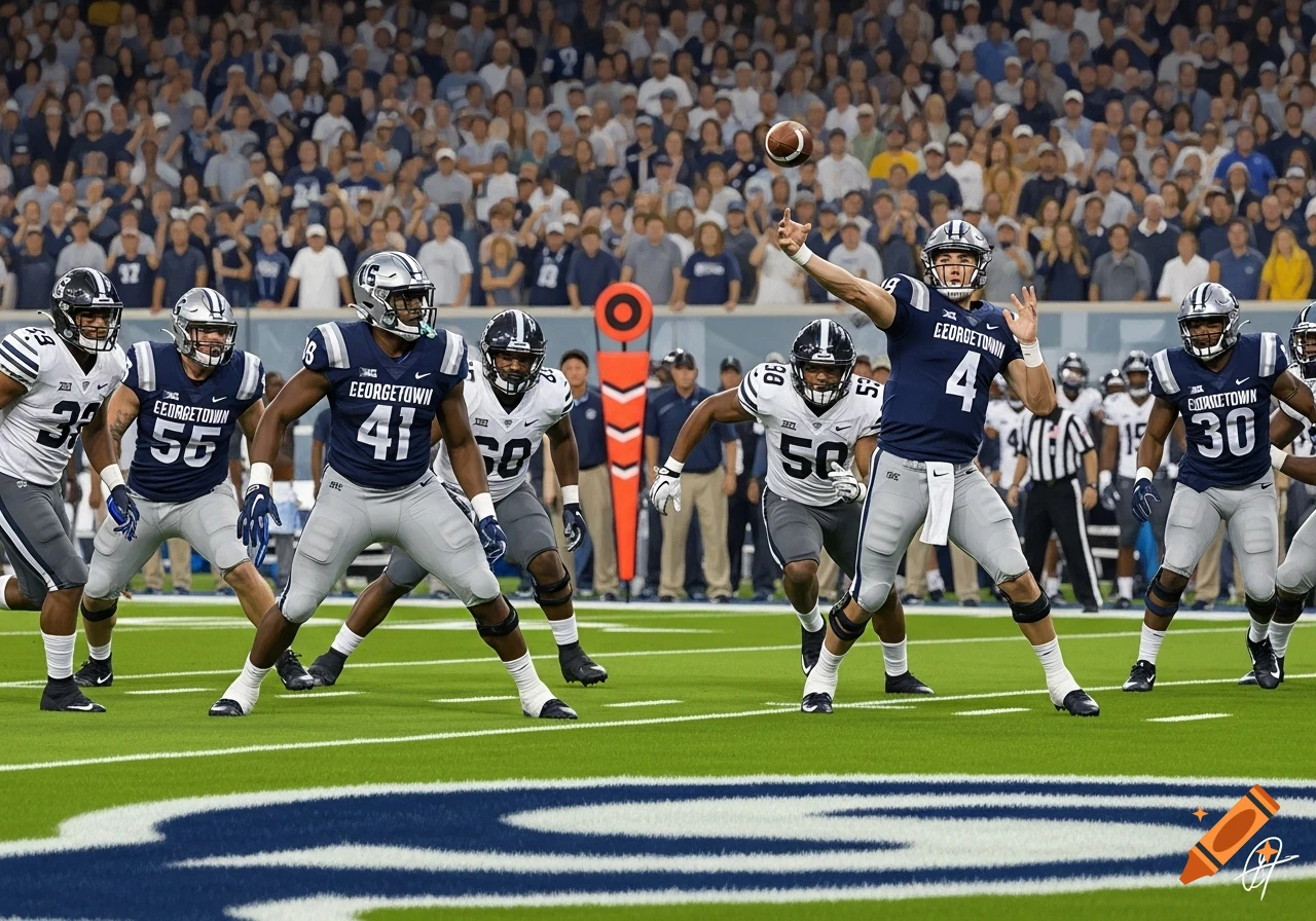 Photorealistic image of American football players on a field during a game, with a quarterback throwing a ball.