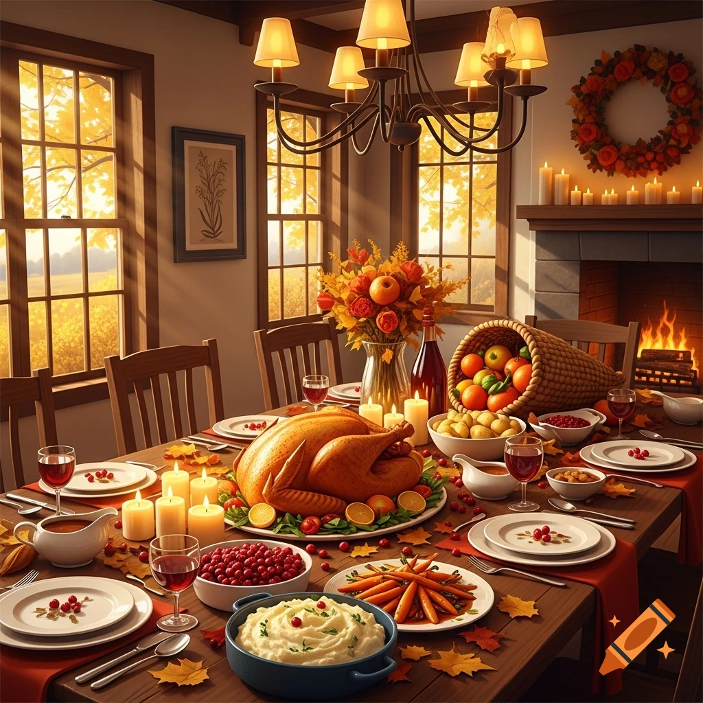 A photorealistic Thanksgiving dinner table with a roasted turkey, mashed potatoes, cranberries, and side dishes in a warm, autumn-lit dining room.