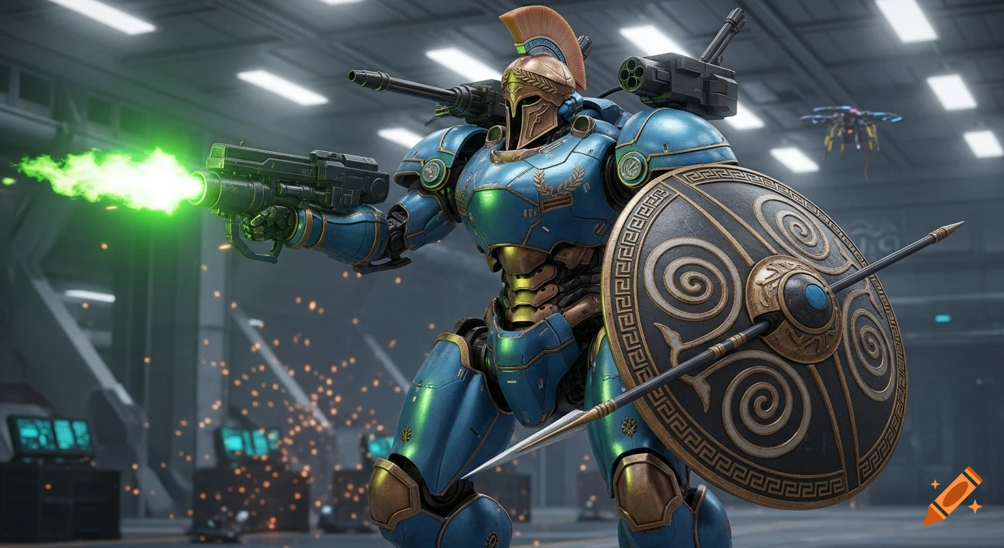 A blue and gold mech with a Greek-inspired helmet fires a green flamethrower, holding a shield and spear in a futuristic hangar.