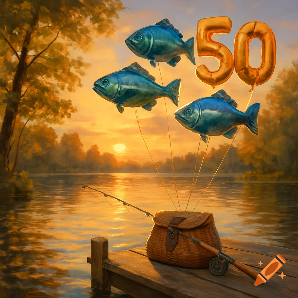 Painterly scene of a fishing rod and basket on a dock at sunset, with fish-shaped balloons and golden '50' balloons floating above.