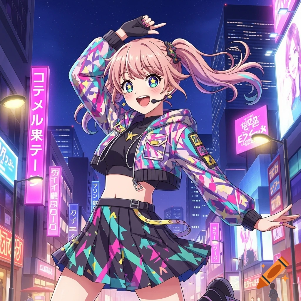 An anime-style girl with pink pigtails, wearing a colorful crop top and skirt, dancing in a vibrant neon-lit city at night.