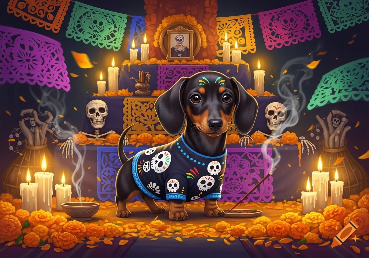 A cute dachshund puppy in a skull-patterned sweater sits on a bed of marigolds, surrounded by lit candles and Day of the Dead decorations.