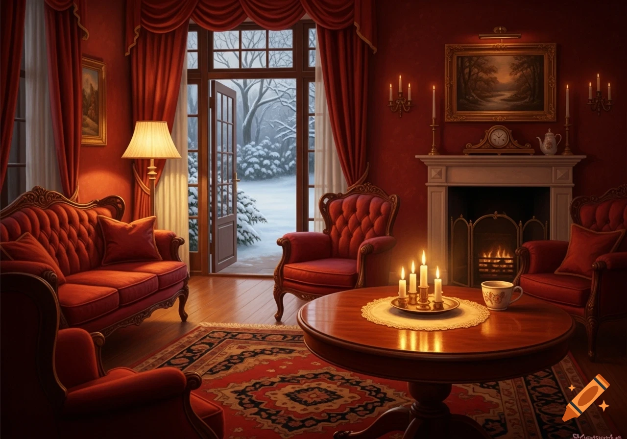 A cozy, red-themed living room with a fireplace and candlelight, overlooking a snowy garden through an open door, in a realistic oil painting style.