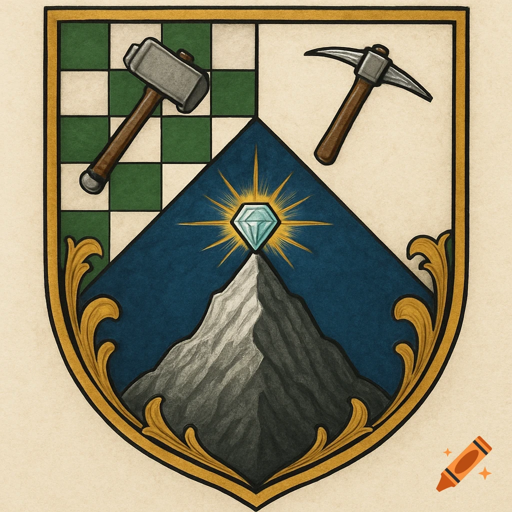 A traditional heraldic coat of arms with a mountain and shining gem in the bottom, a war hammer on green-and-white, and a pickaxe on white.