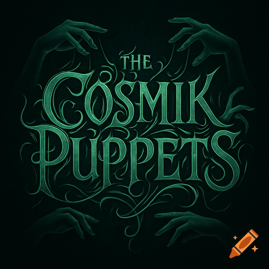 A dark green, ornate logo for 'THE COSMİK PUPPETS' with shadowy, abstract hands seemingly manipulating the text.