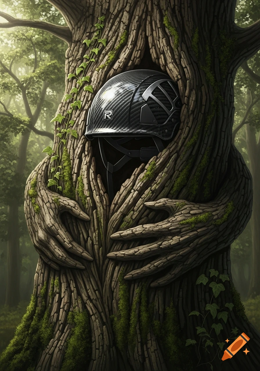 A dark carbon-fiber arborist helmet nestled within a tree trunk, with bark sculpted into hands embracing it, in a forest setting.