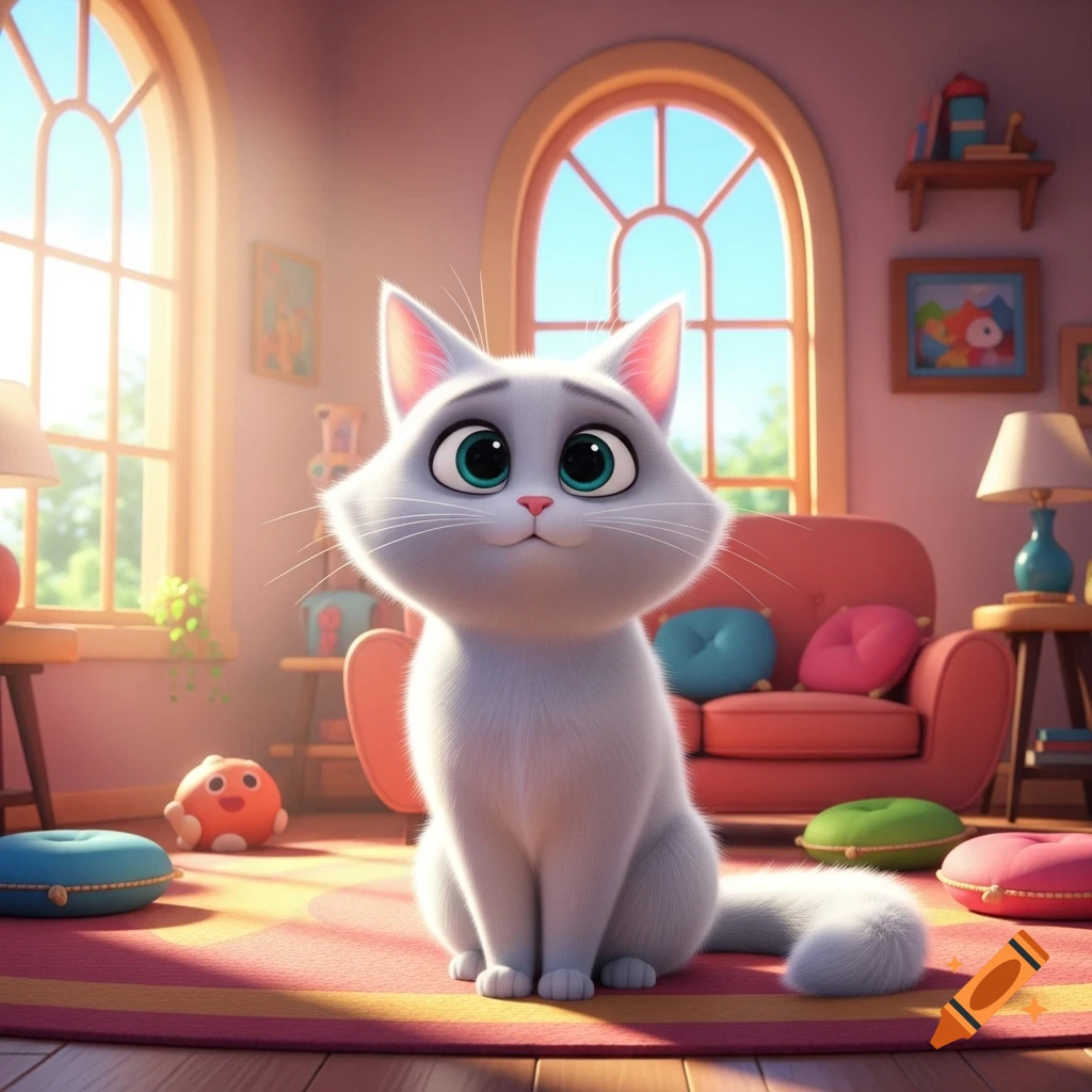 A cute, fluffy white cartoon cat with big turquoise eyes sits on a colorful rug in a bright, sunny room with arched windows and a pink sofa.
