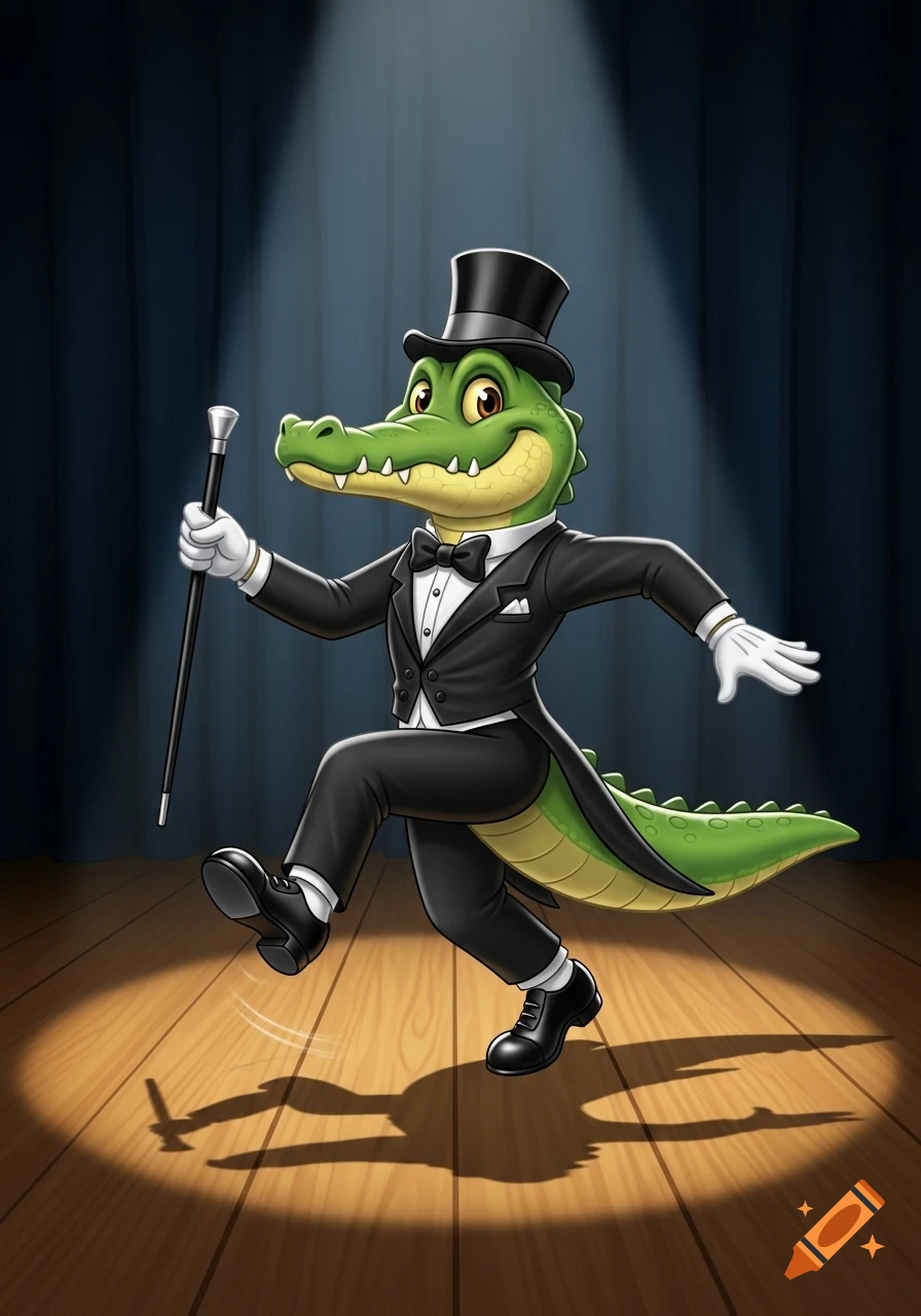 A friendly anthropomorphic cartoon alligator tap dances in a spotlight, wearing a black tuxedo, top hat, and holding a cane.