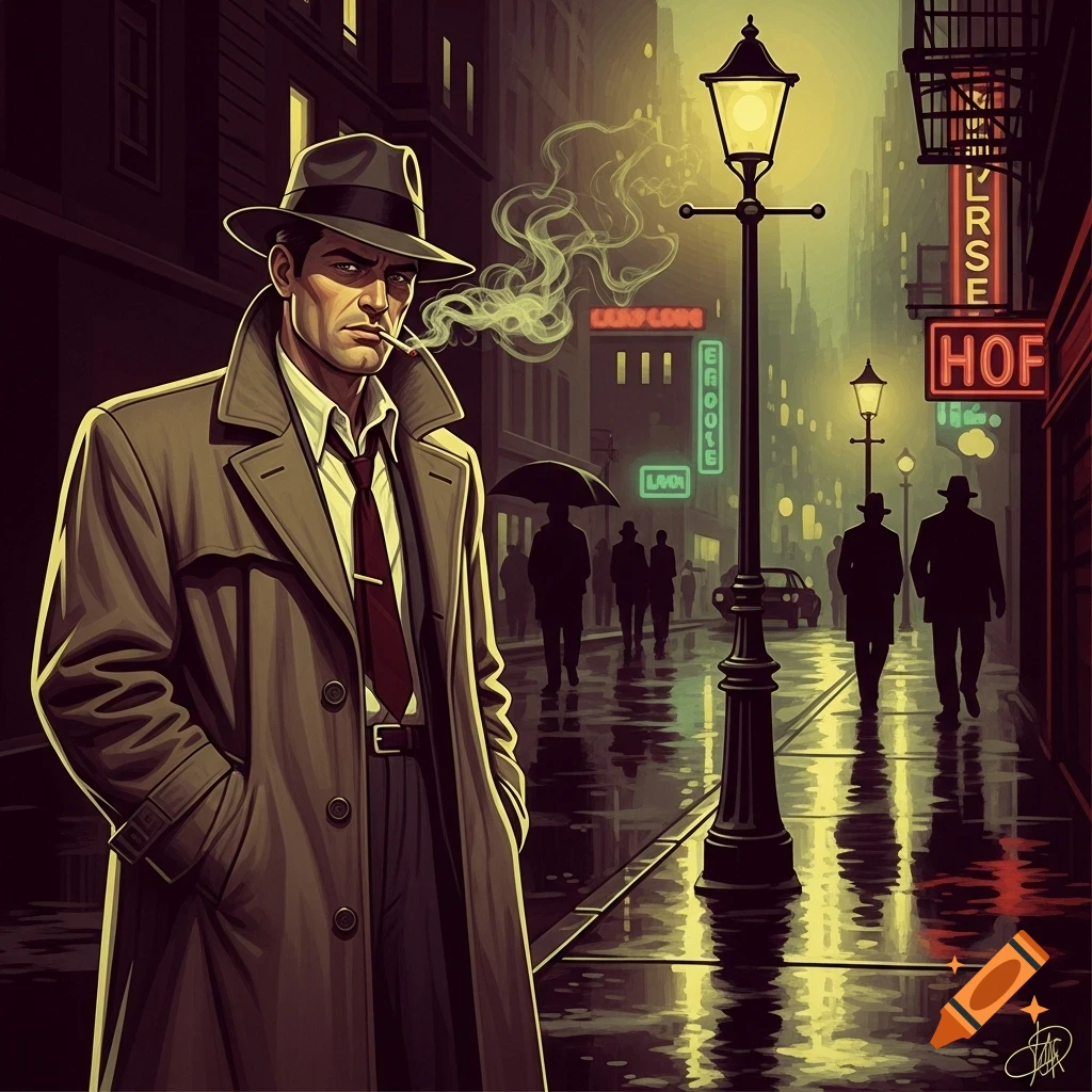 A man in a trench coat and fedora smokes a cigarette on a rainy, neon-lit city street, in a comic art style.