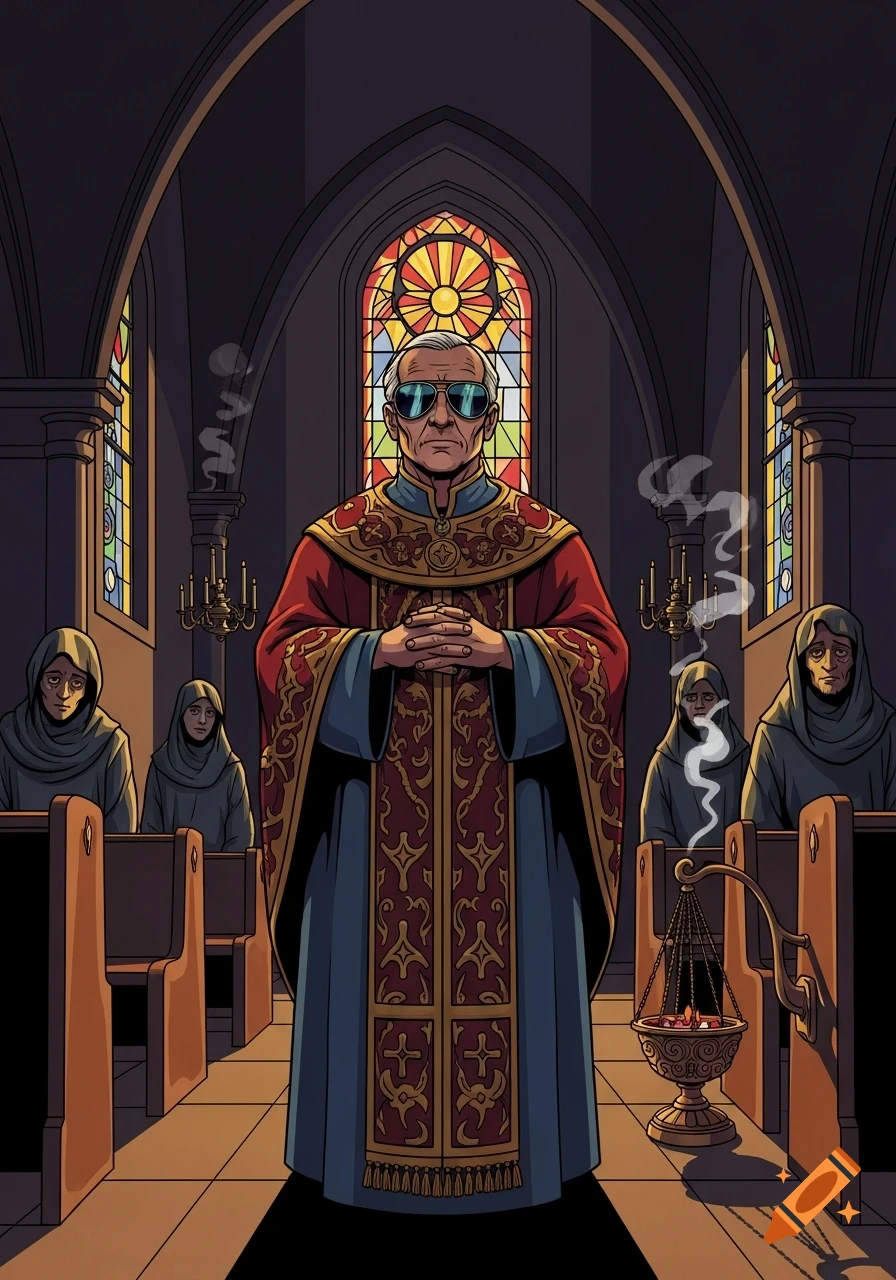 An older man in aviator sunglasses and a ceremonial robe stands in a church, surrounded by robed followers, in a graphic novel style.