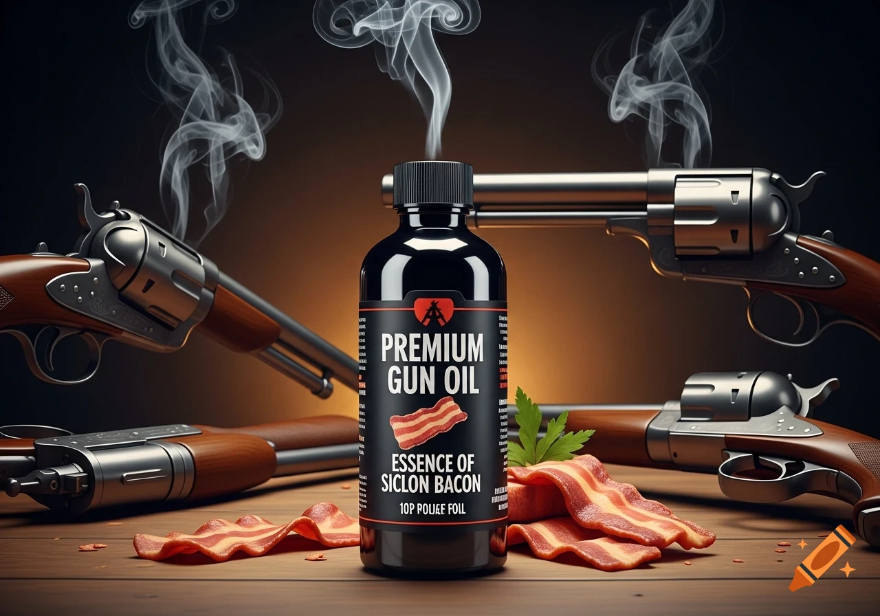 A bottle of "Premium Gun Oil" with "Essence of Siclon Bacon" on its label, surrounded by raw bacon strips and several antique revolvers or shotguns, emitting smoke.