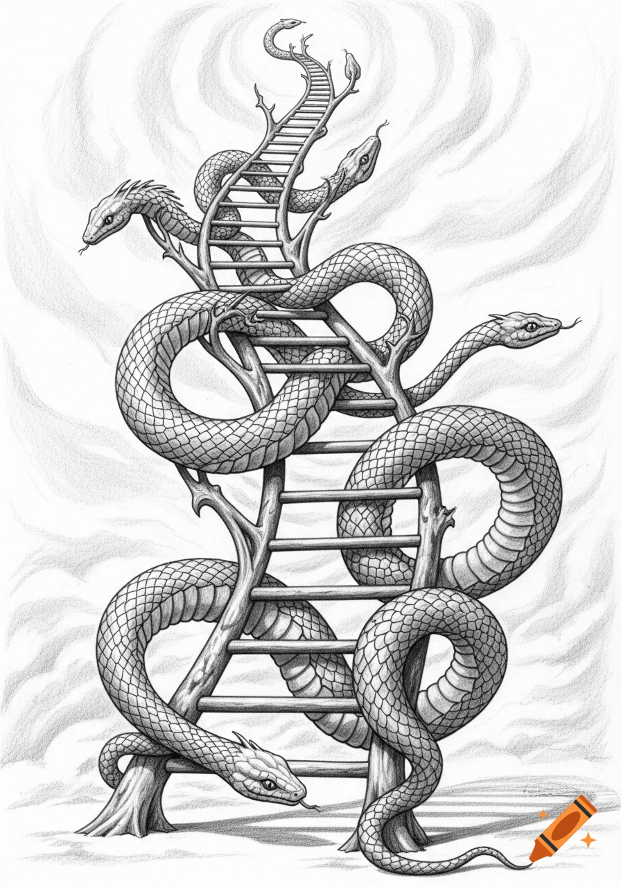 A detailed black and white sketch of multiple snakes forming and intertwining around a tall, winding ladder structure.