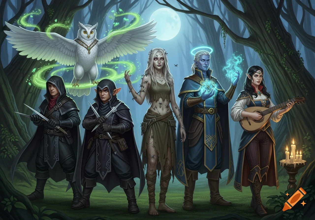 A fantasy D&D party featuring a large white owl and five diverse characters including rogues, a nature woman, a cleric, and a bard, stand in a dark, moonlit forest.
