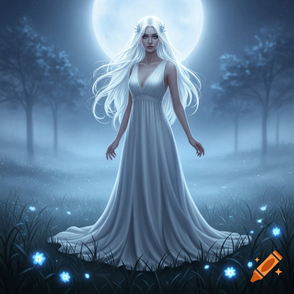 A beautiful woman with long white hair and a white dress stands in a ...