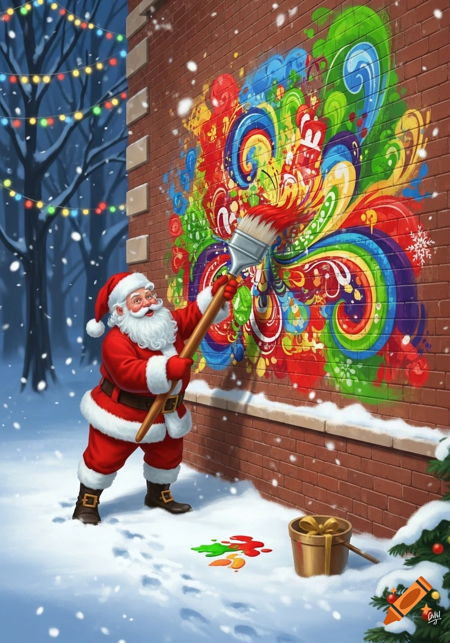 Santa Claus painting a vibrant, colorful abstract mural on a brick wall in a snowy winter scene with Christmas lights.
