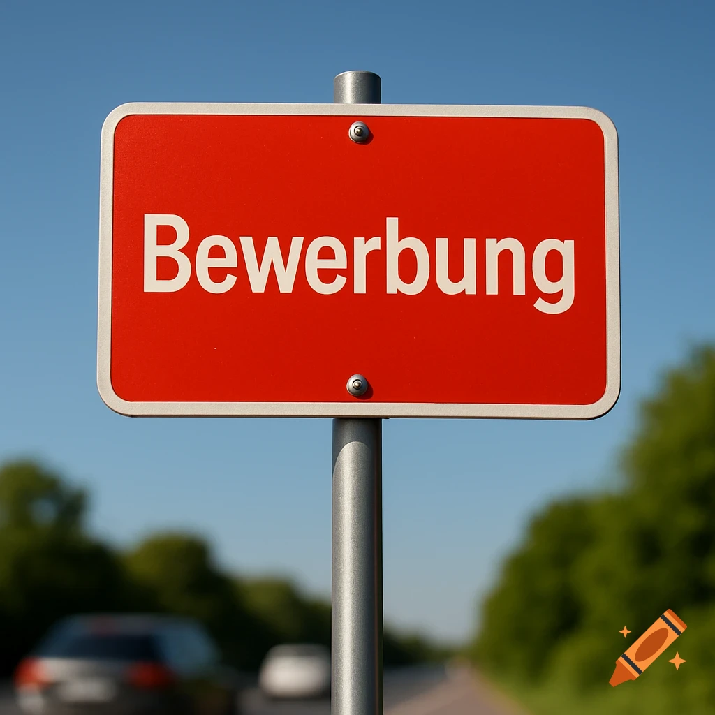 A red rectangular sign on a metal pole with the white German word "Bewerbung" (Application) against a clear blue sky, with blurred cars and trees in the background in a photorealistic style.