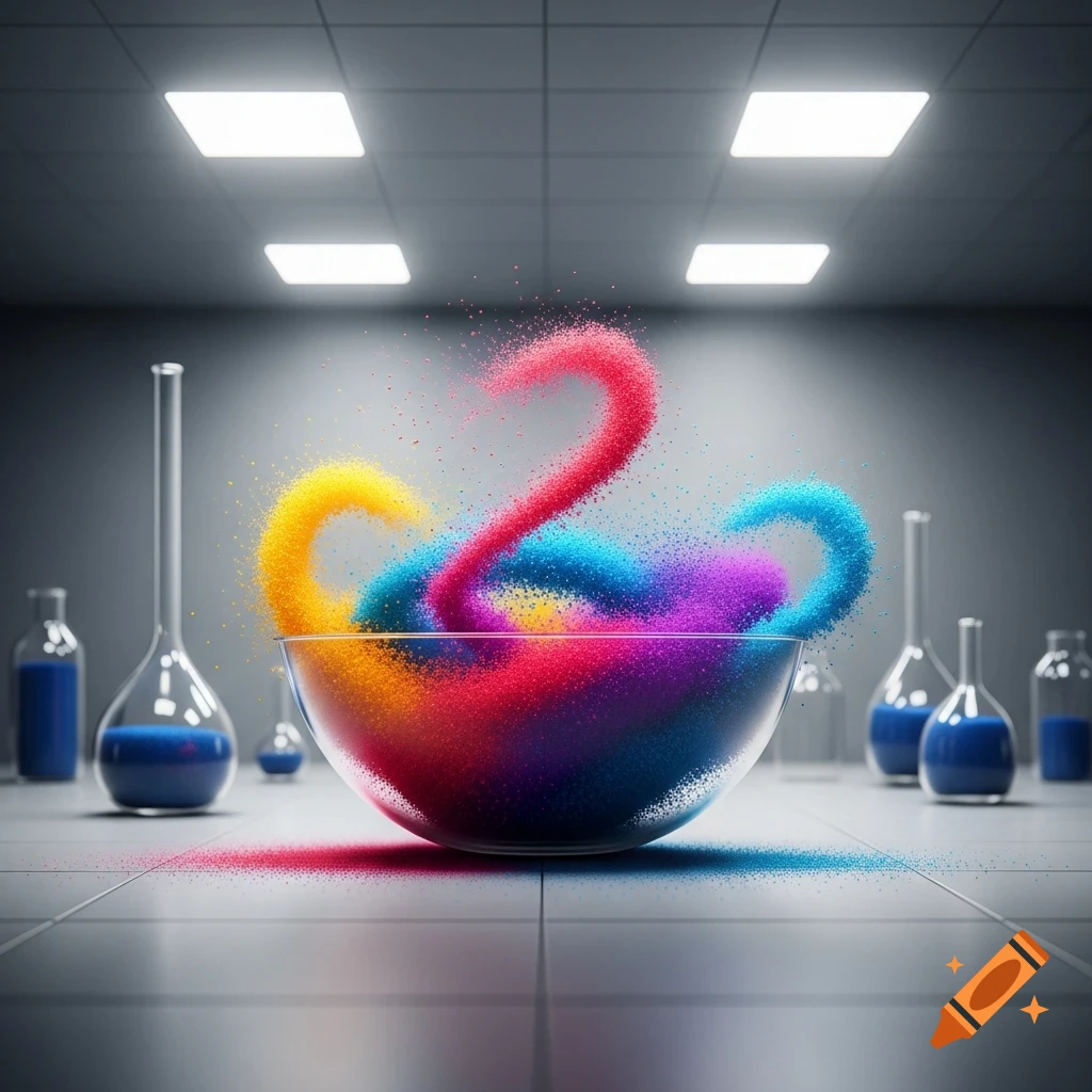 Vibrant rainbow powder overflows a glass bowl in a dimly lit laboratory, surrounded by beakers and flasks.