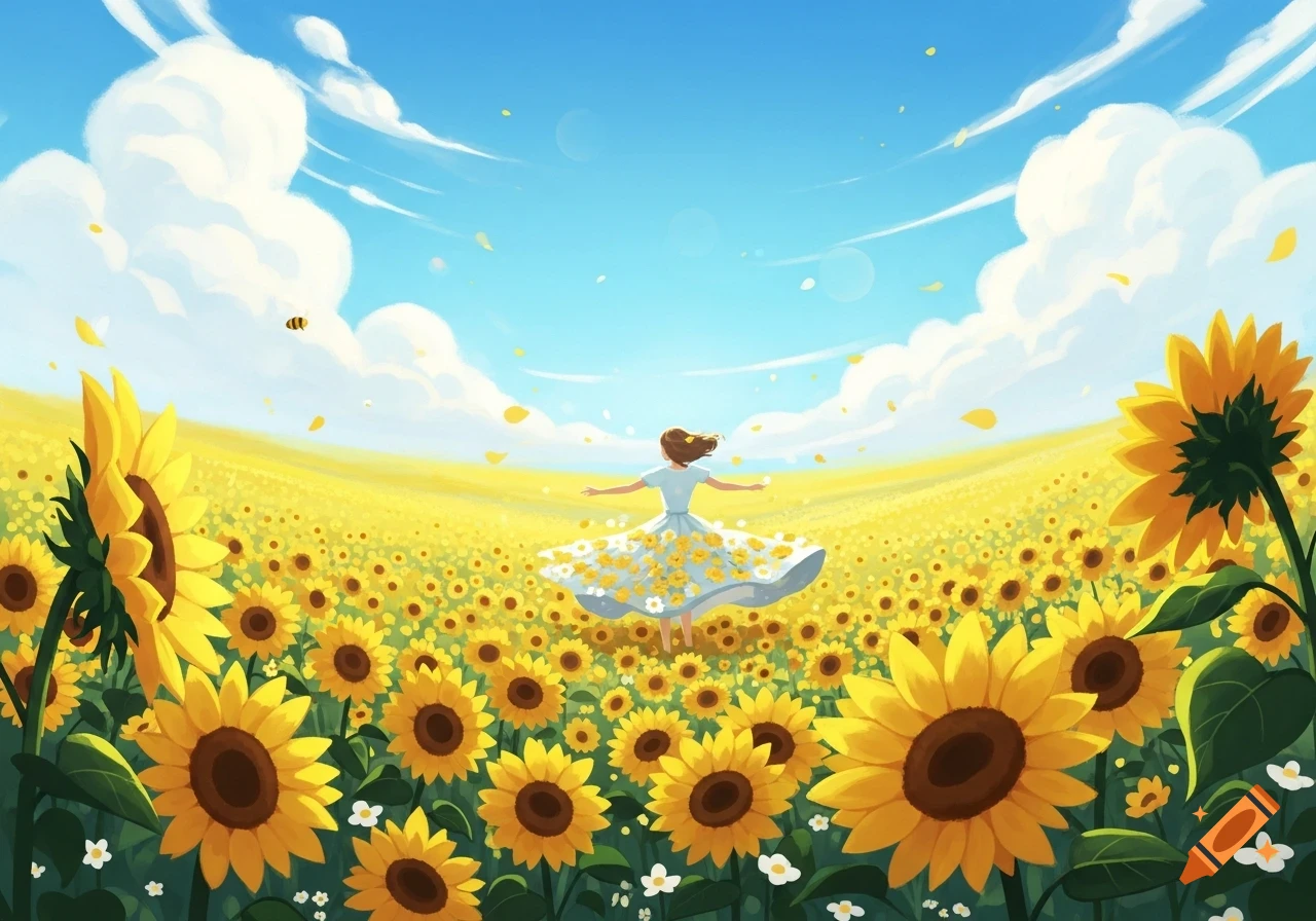 A stylized illustration shows a person spinning happily in a vast field of bright yellow sunflowers under a clear blue sky.