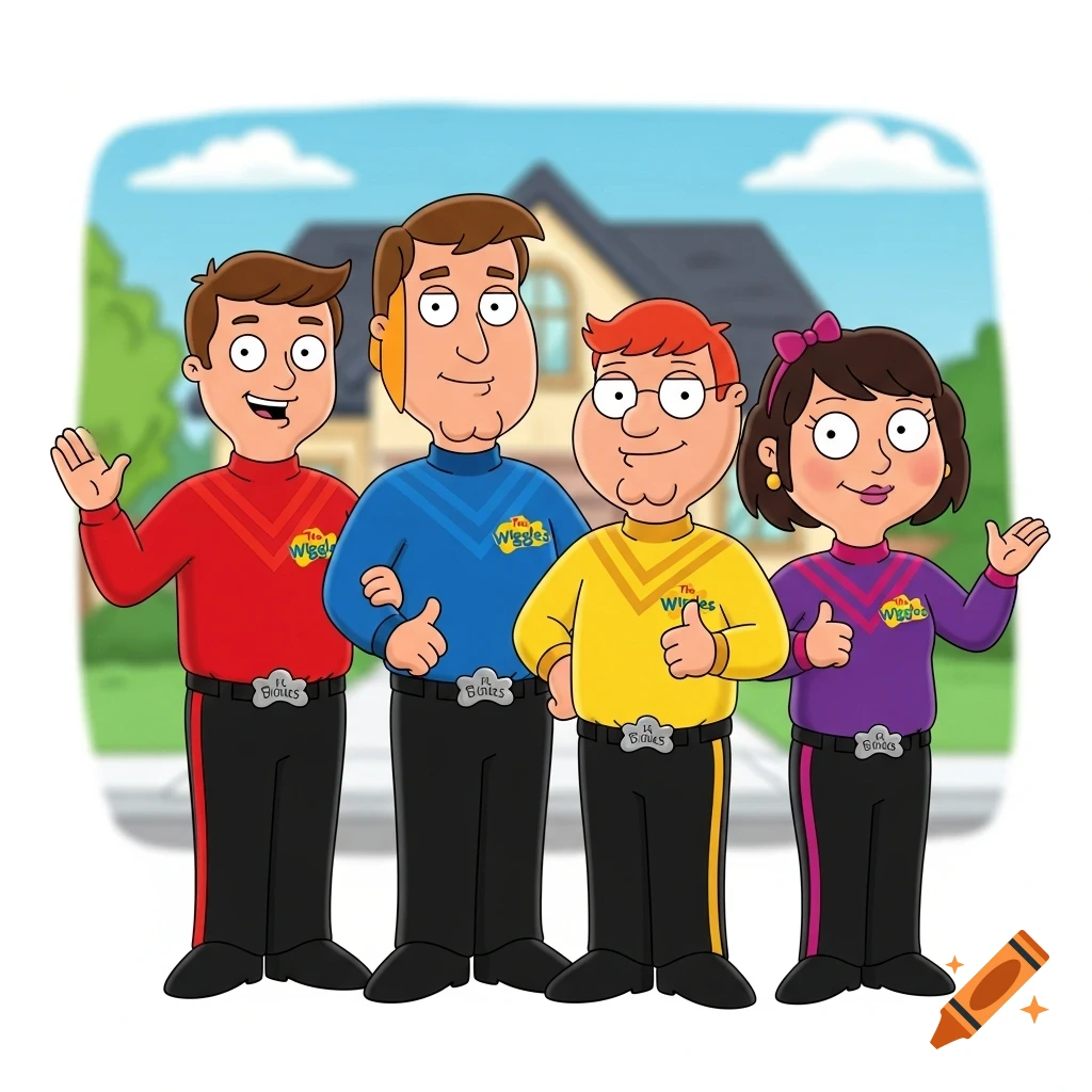 Four cartoon characters, styled like Family Guy, wearing The Wiggles' colorful sweaters and black pants, standing outdoors.