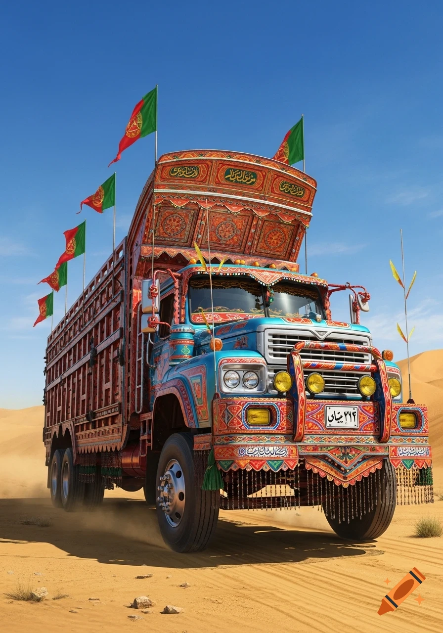 A vibrant blue and red decorated truck, possibly Afghan, drives through a sandy desert under a clear blue sky, with flags flying.
