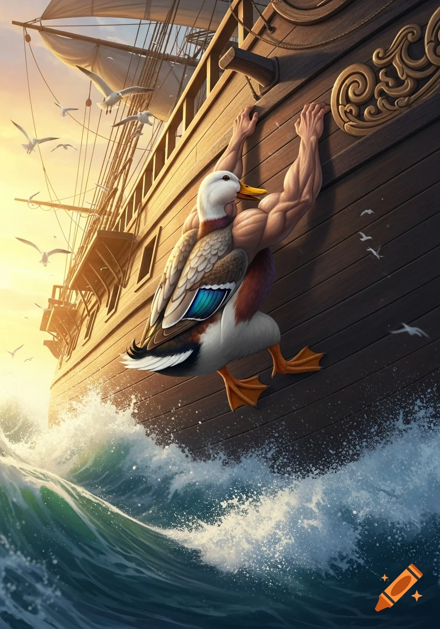 A duck with muscular humanoid arms climbs the wooden side of a large sailing ship on rough seas, with seagulls flying against a sunny sky.