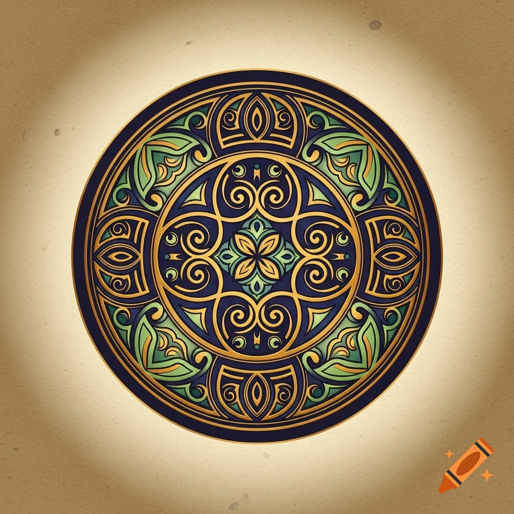 Ornate circular medallion with dark blue, gold, and green intricate patterns on a textured beige background.