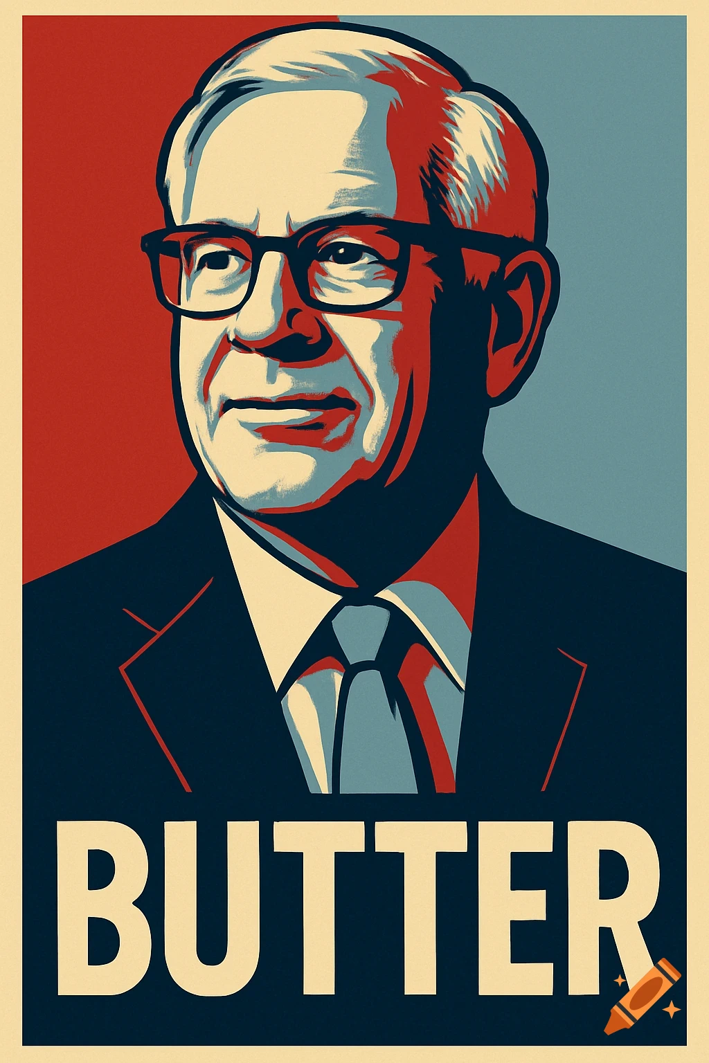 Stylized political poster of a man in glasses and a suit, in the style of Shepard Fairey's 'Hope' art, with 'BUTTER' below.