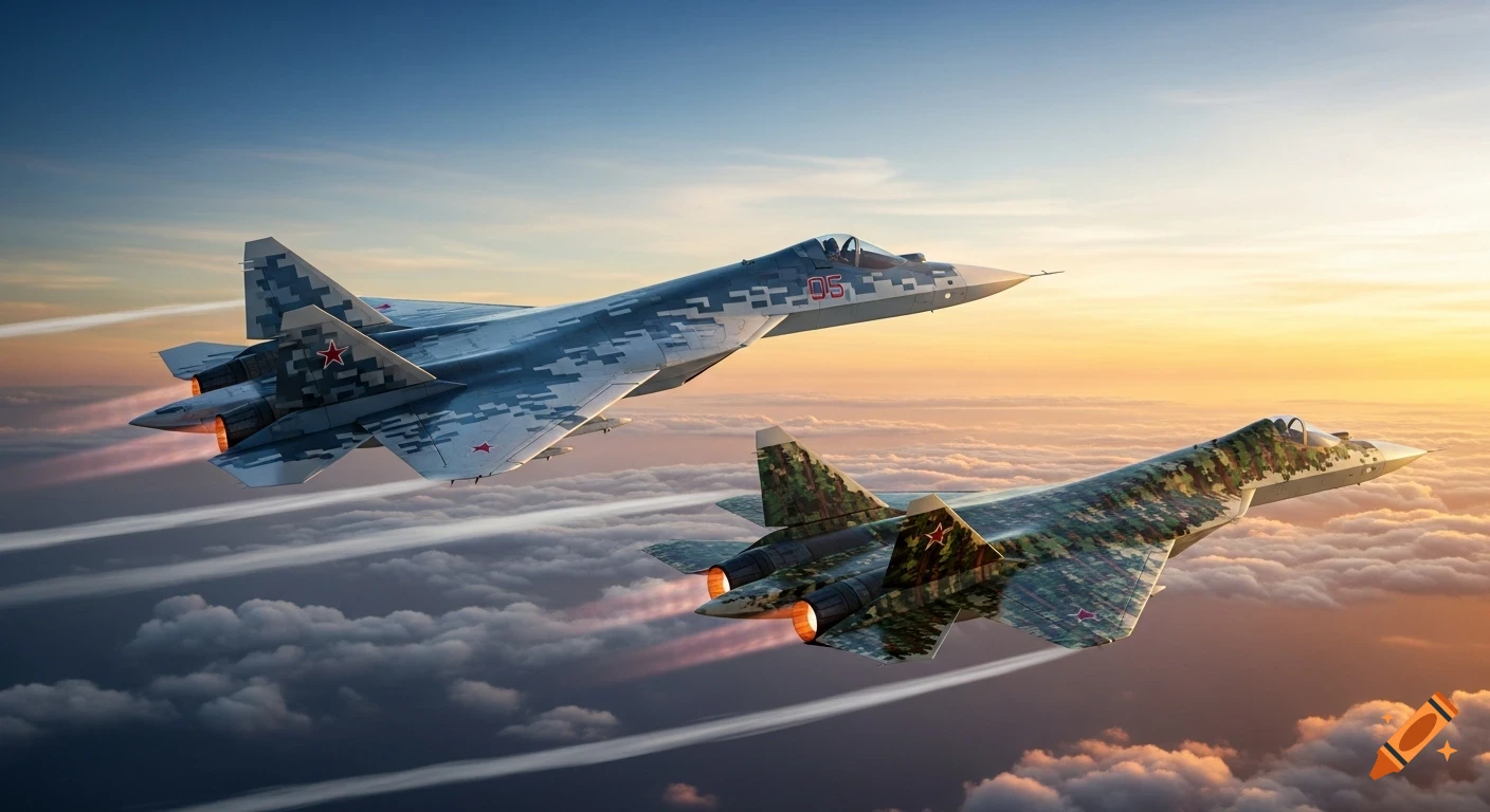 Two Sukhoi Su-57 fighter jets with unique digital and forest camouflage flying through clouds at sunset, photorealistic.
