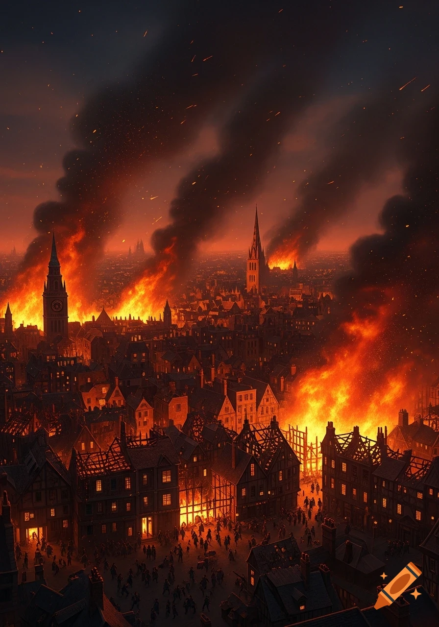 An aerial view of a historical city engulfed in a massive fire at night, with dark smoke and tiny figures fleeing in the streets.