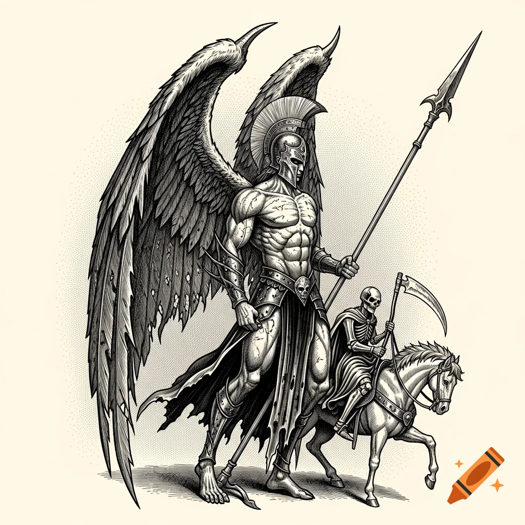 Engraving of a muscular, winged warrior in a Spartan helmet holding a spear, standing beside a skeleton on a horse holding a scythe.