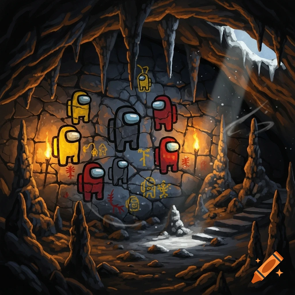 Cartoon Among Us characters as cave drawings on a rocky cave wall, lit by torches and moonlight from above.