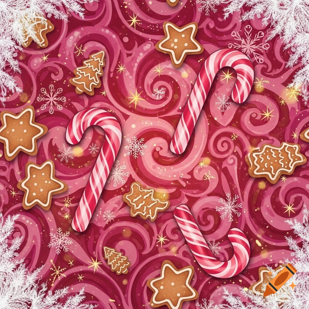 A festive Christmas pattern with red and white candy canes, gingerbread cookies, snowflakes, and gold sparkles on a swirling pink and red background.