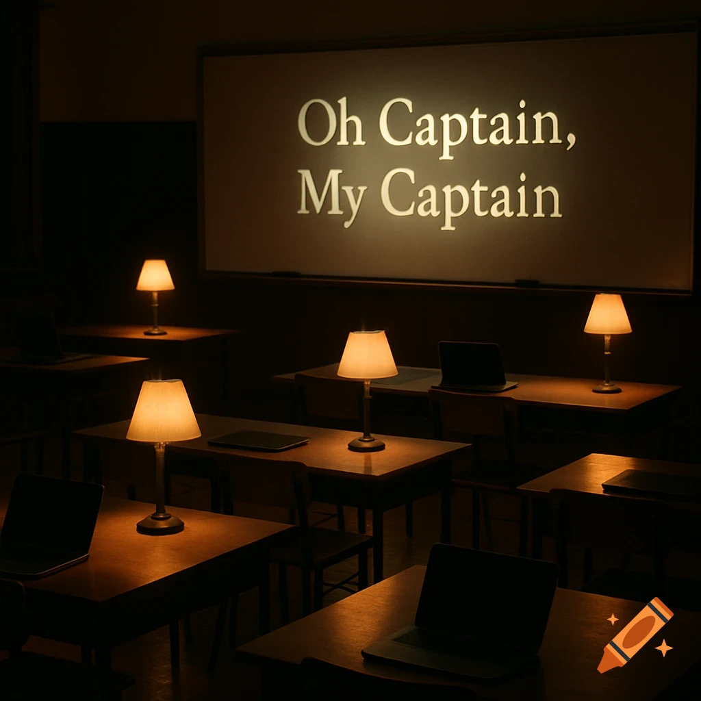 A dimly lit classroom with wooden desks, glowing table lamps, and laptops, featuring 'Oh Captain, My Captain' projected on a whiteboard.