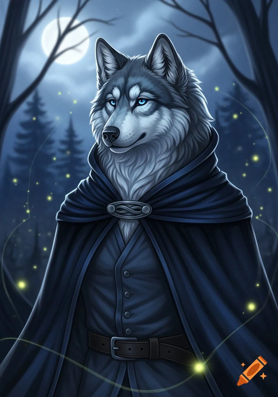 An anthropomorphic wolf with bright blue eyes and a dark blue cape stands in a moonlit forest with glowing fireflies.